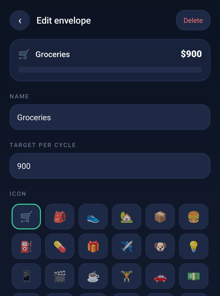 Envelope editor with a live preview of the Groceries envelope, its name, its $900 target and a grid of emoji icons