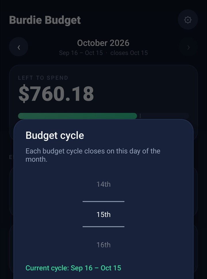 Budget cycle setting: a picker for the day the cycle closes, set to the 15th, with the current cycle shown as Sep 16 to Oct 15